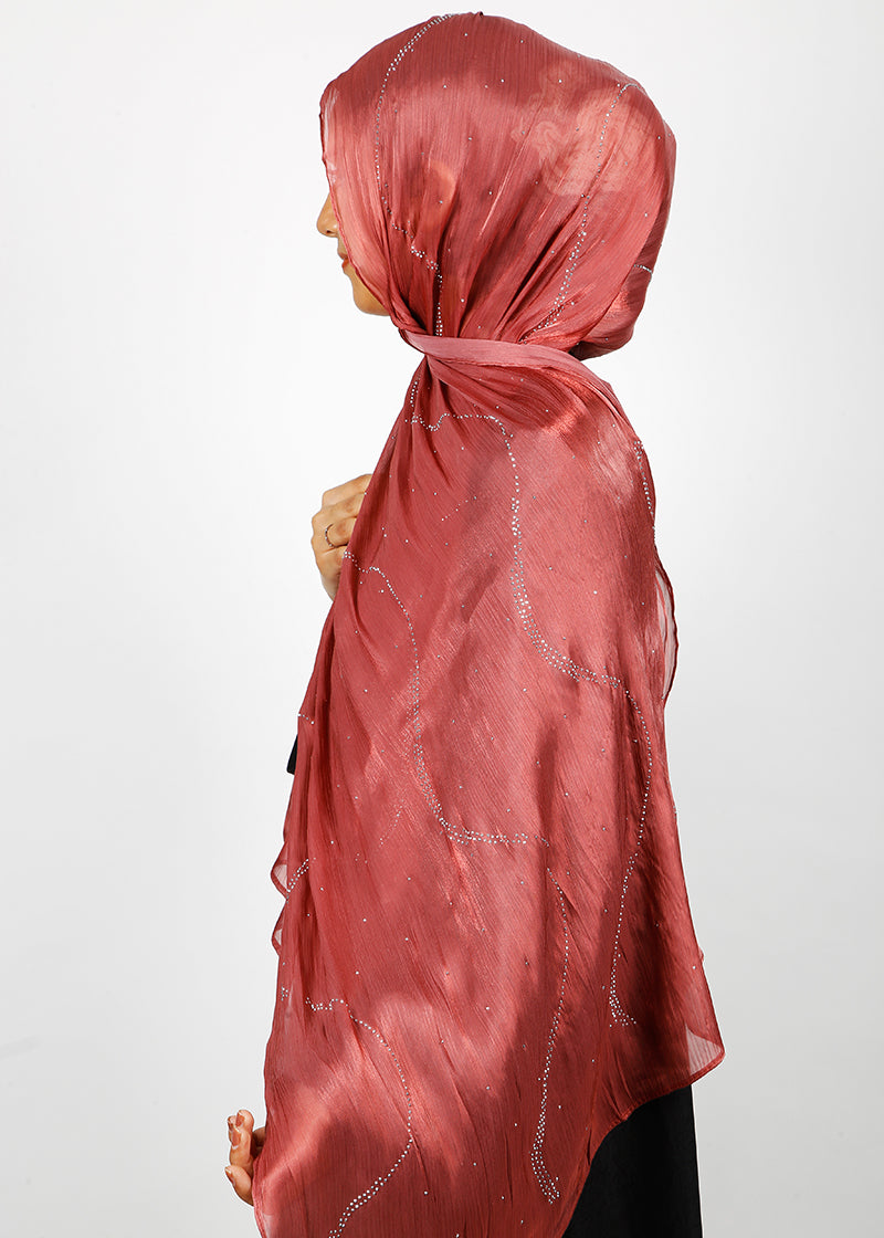 BeingMuslims Diamond Work Organza Blush Pink Hijab Brick Red Pack of 10