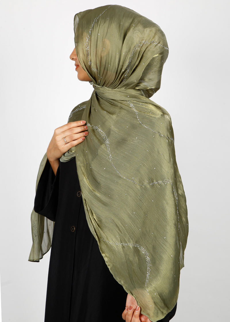 BeingMuslims Diamond Work Organza Blush Pink Hijab Olive Pack of 10
