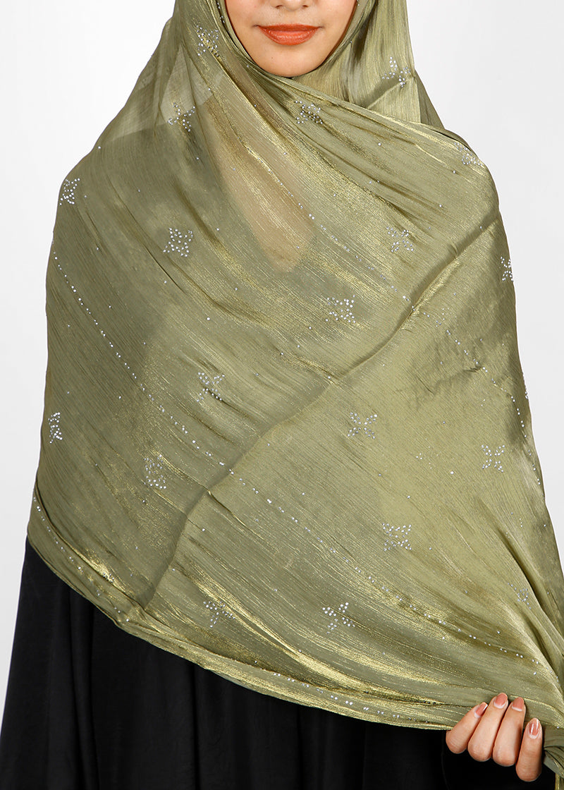 BeingMuslims Graceful Diamond Work Organza Hijab Sage Green Pack of 10