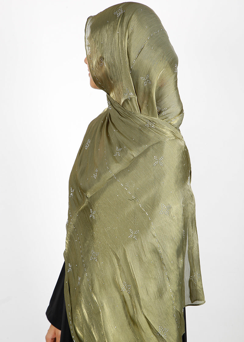 BeingMuslims Graceful Diamond Work Organza Hijab Sage Green Pack of 10