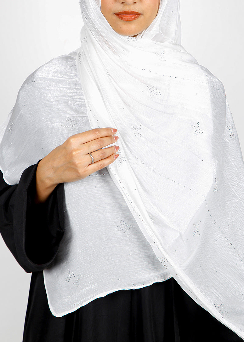 BeingMuslims Graceful Diamond Work Organza Hijab White Pack of 10