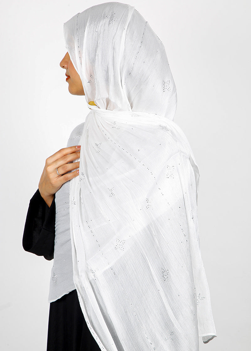 BeingMuslims Graceful Diamond Work Organza Hijab White Pack of 10