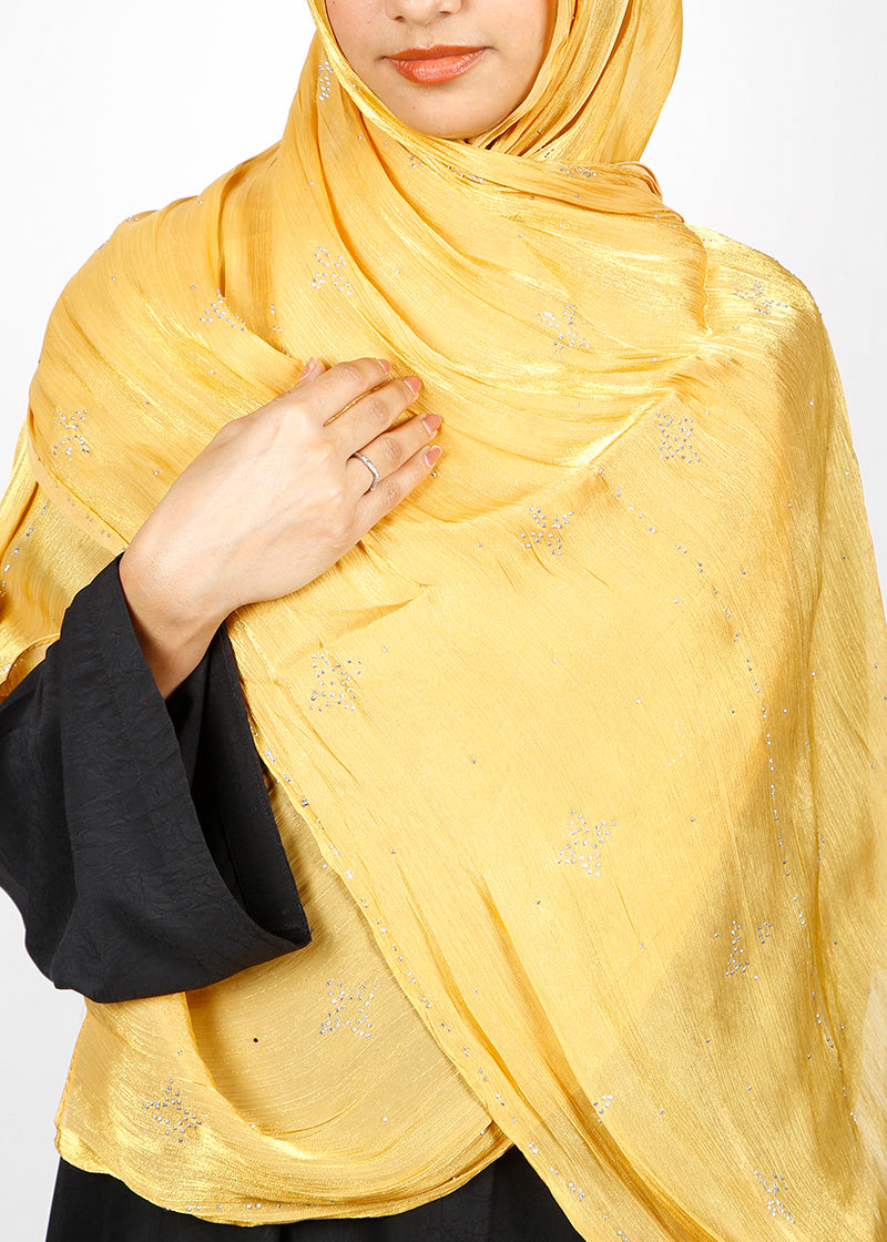 BeingMuslims Graceful Diamond Work Organza Hijab Yellow Pack of 10