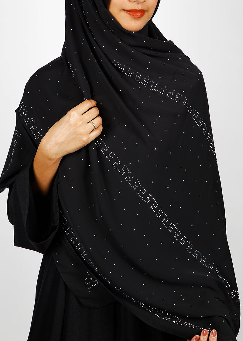 BeingMuslims Trendy Diamond Work Chiffon Hijab Black Pack of 10