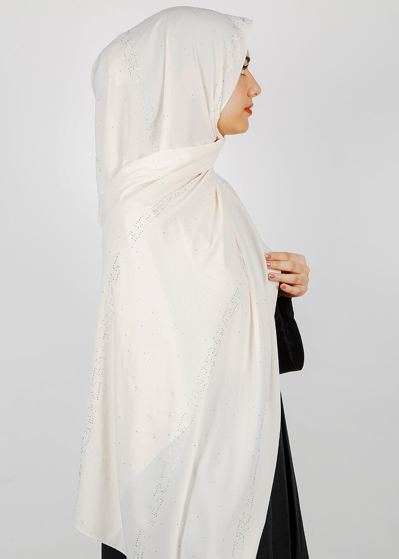 BeingMuslims Trendy Diamond Work Chiffon Hijab Off White Pack of 10