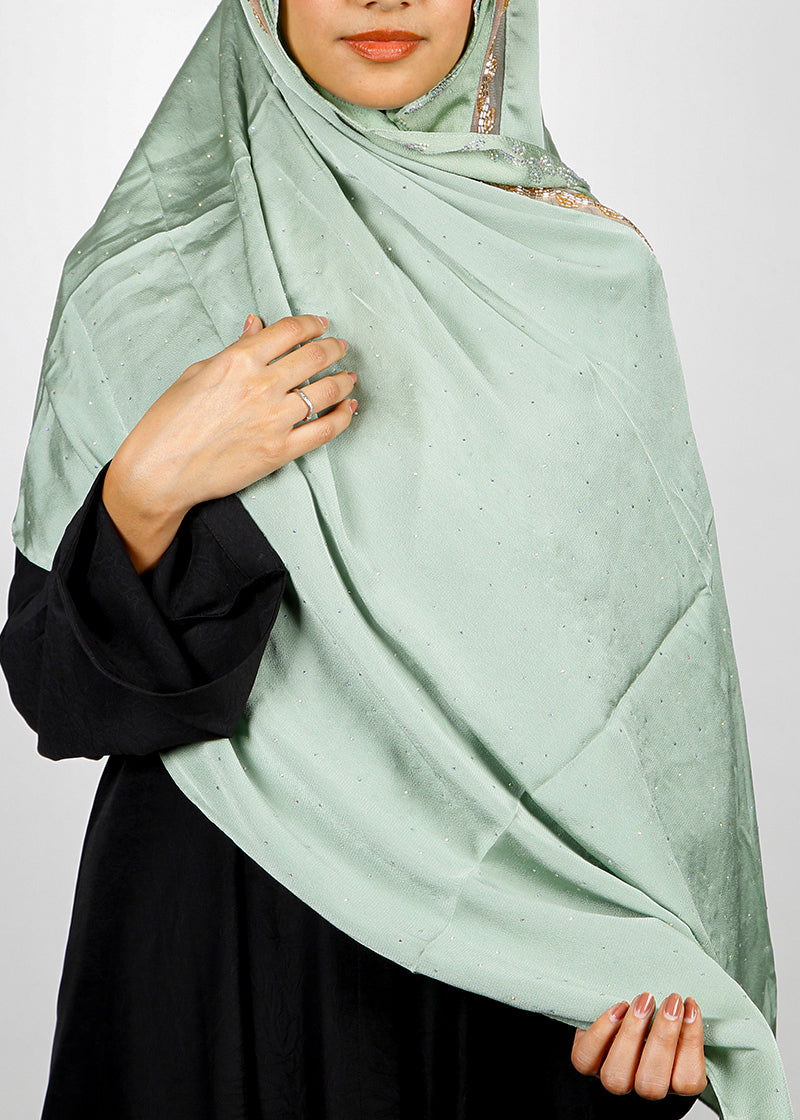 BeingMuslims Cutdana Work Bubble Satin Hijab Light Green Pack of 10