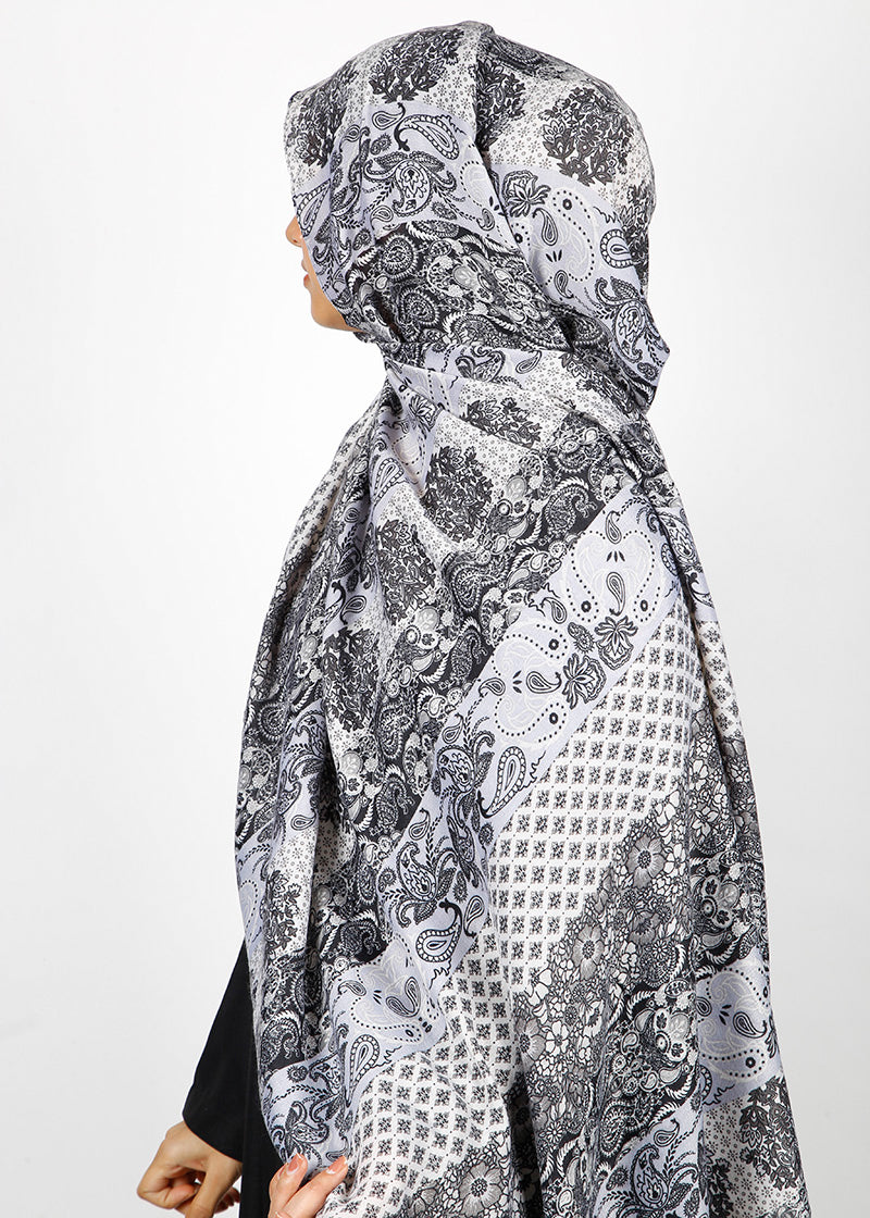 BeingMuslims Paisley Design Printed Soft Viscose Hijab Grey Pack of 10