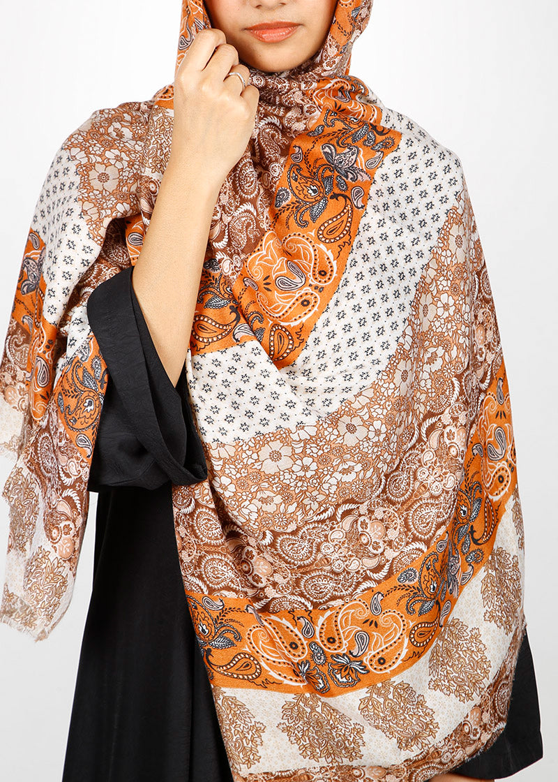 BeingMuslims Paisley Design Printed Soft Viscose Hijab Orange Pack of 10