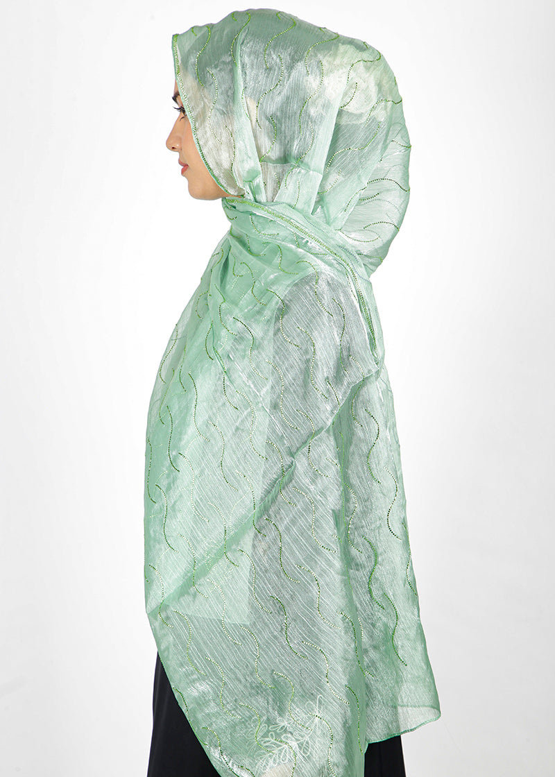 BeingMuslims Swarovski Work Organza Luxury Hijab Mint Green Pack of 10