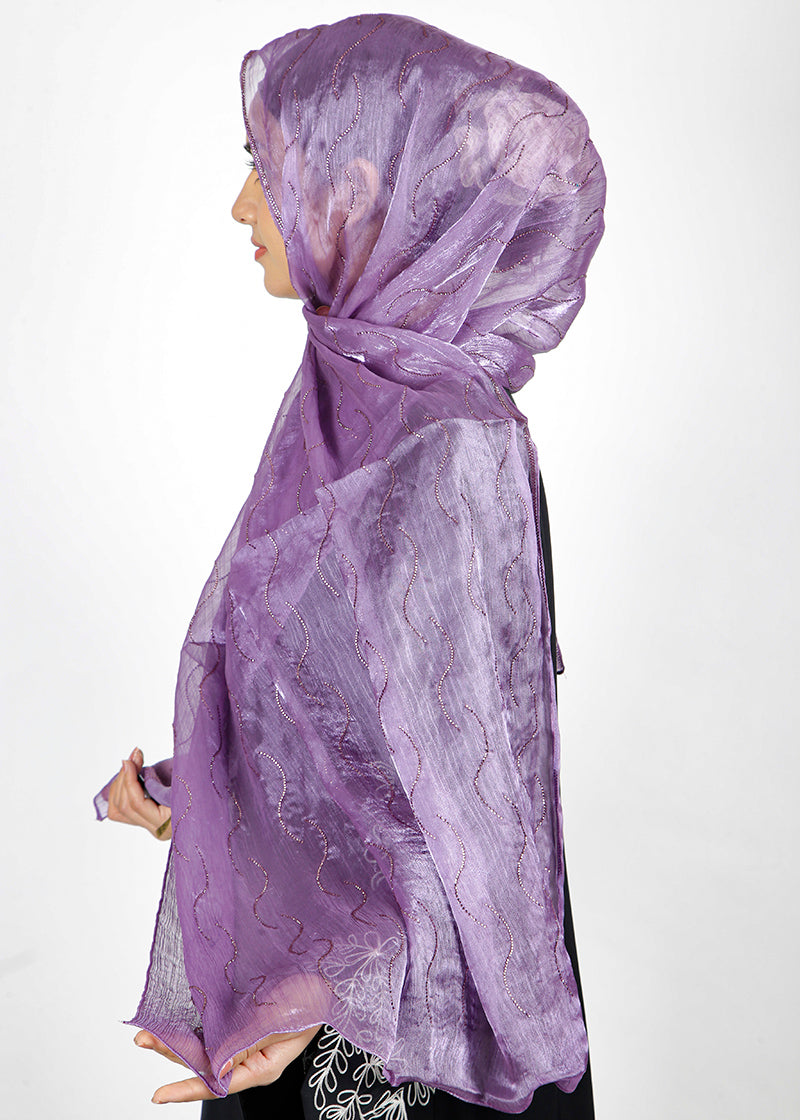 BeingMuslims Swarovski Work Organza Luxury Hijab Purple Pack of 10