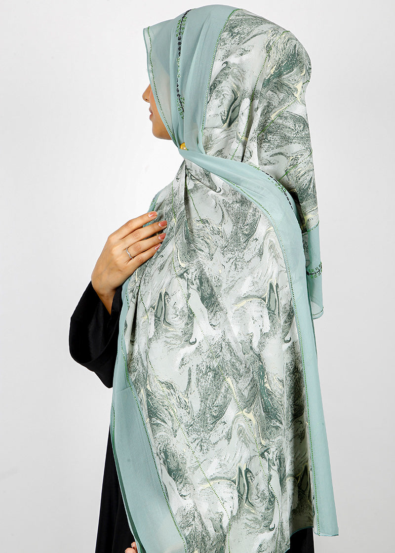 BeingMuslims Marble Print SeaFoam Satin Luxury Hijab Green Pack of 10