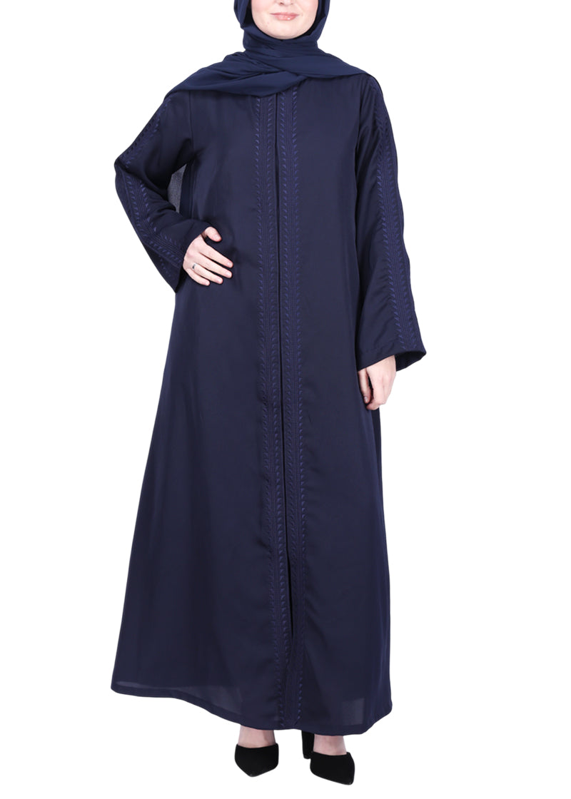 Being Muslims Intricate Embroidery Qatari Nida Abaya Navy Blue