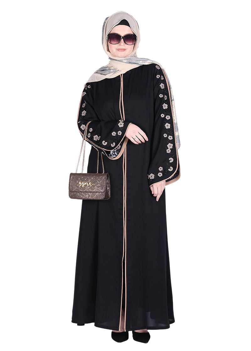 Being Muslims Contrast Sleeve Embroidery Qatari Nida Abaya Black