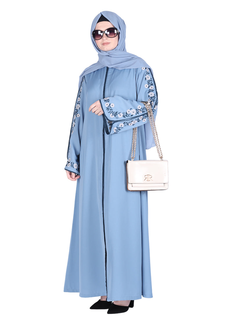 Being Muslims Contrast Sleeve Embroidery Qatari Nida Abaya Sky Blue