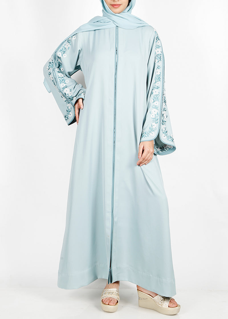 BeingMuslims Floral Embroidered Sleeve Abaya Sage Green