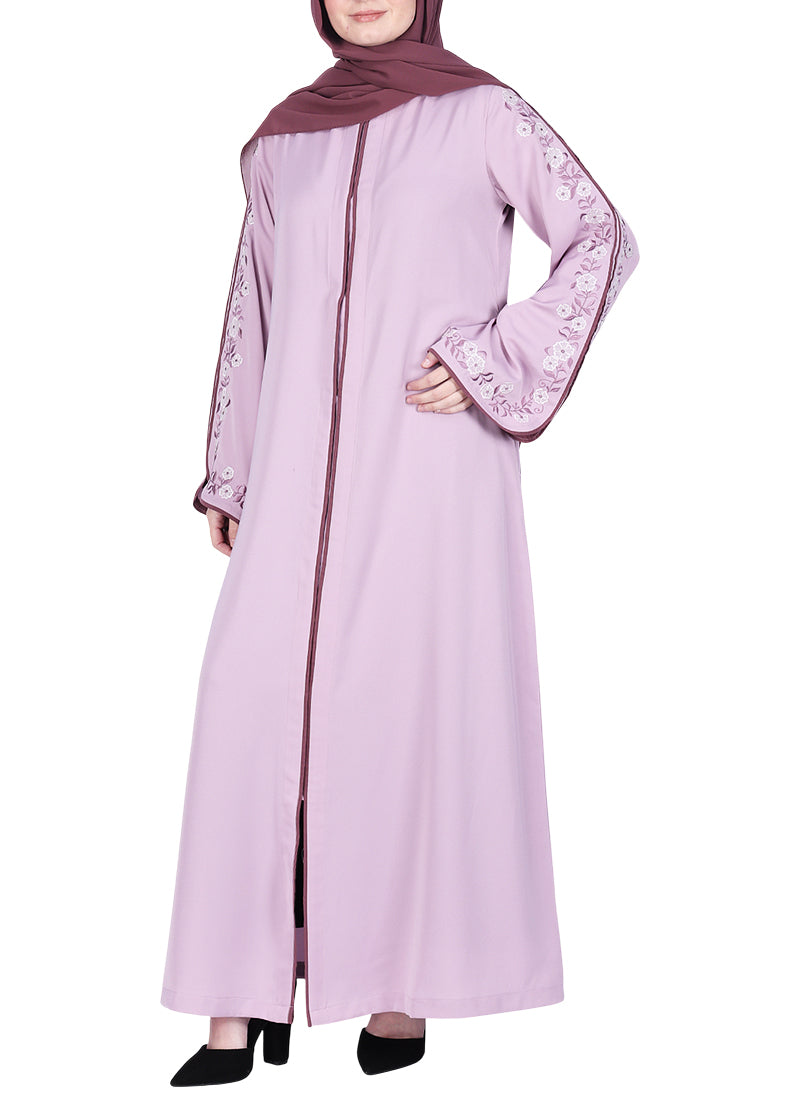 Being Muslims Contrast Sleeve Embroidery Qatari Nida Abaya Light Purple