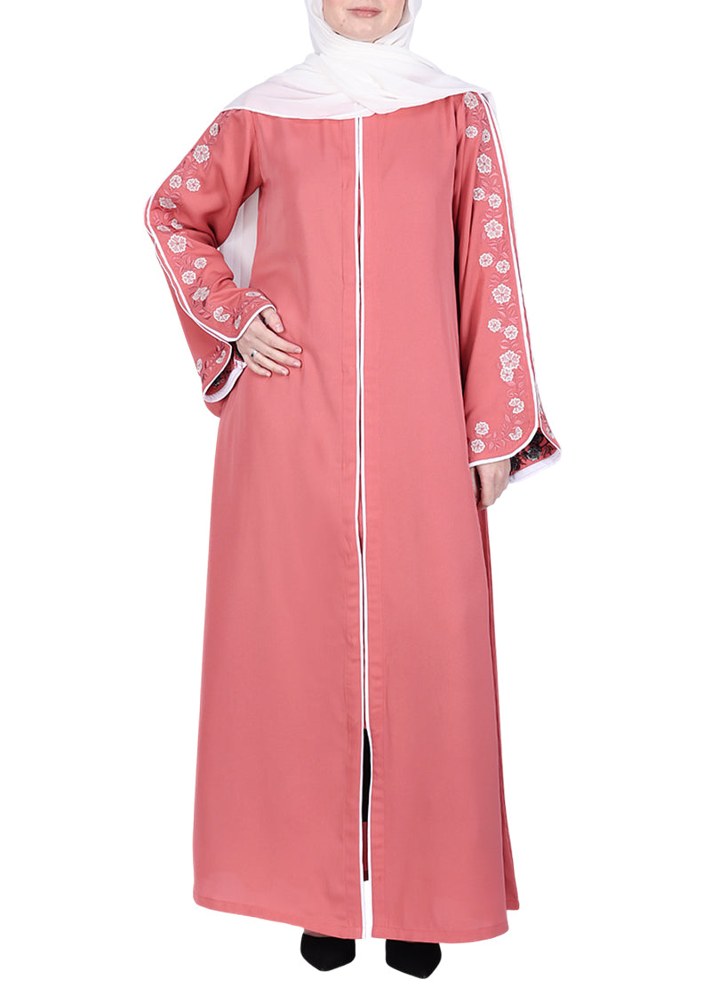 Being Muslims Contrast Sleeve Embroidery Qatari Nida Abaya Peach