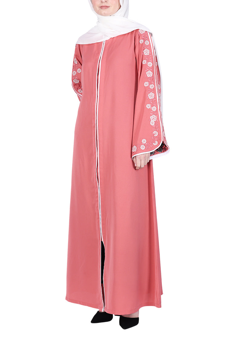 Being Muslims Contrast Sleeve Embroidery Qatari Nida Abaya Peach