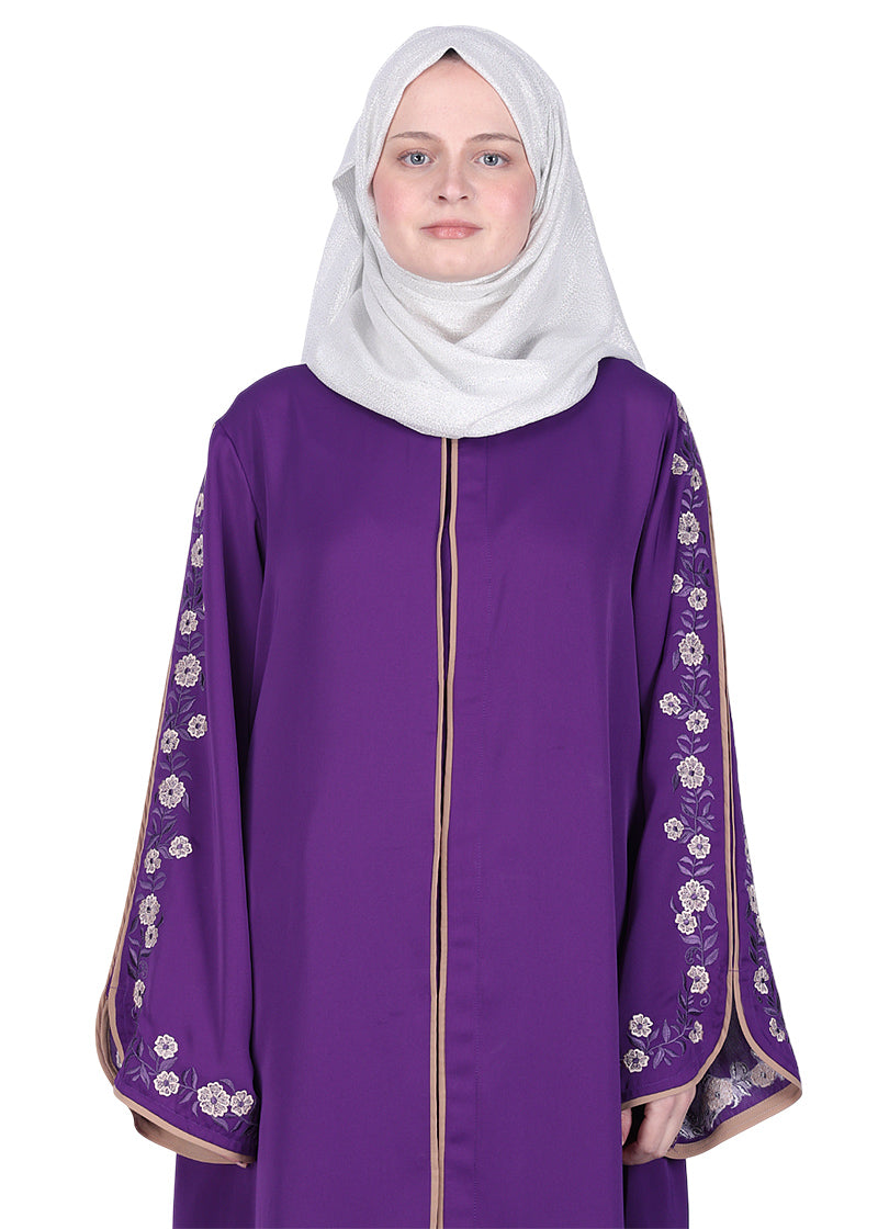 Being Muslims Contrast Sleeve Embroidery Qatari Nida Abaya Purple
