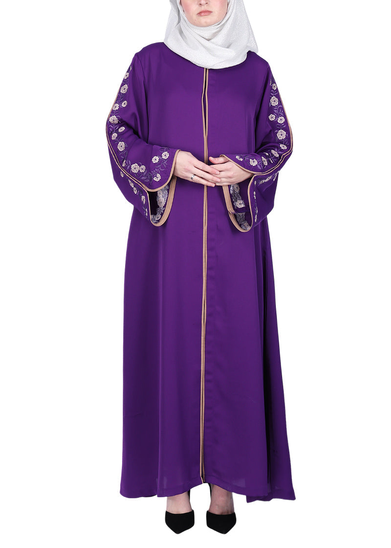 Being Muslims Contrast Sleeve Embroidery Qatari Nida Abaya Purple
