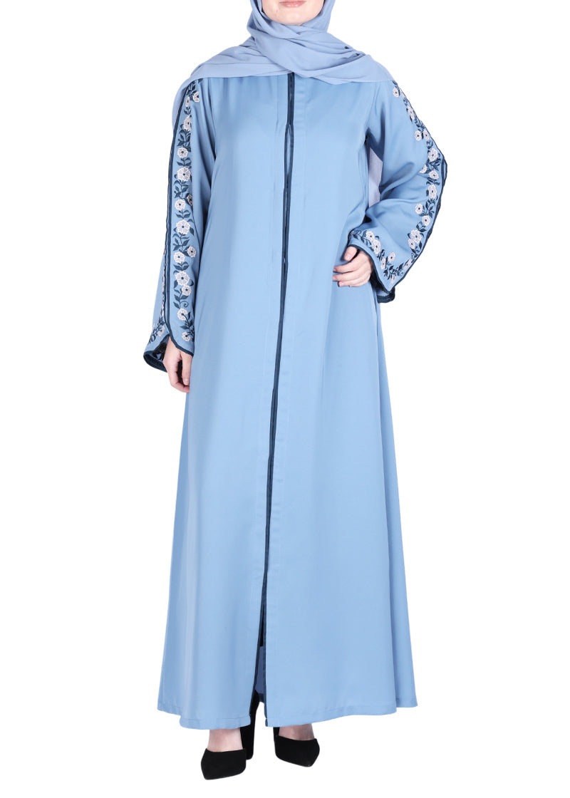 Being Muslims Contrast Sleeve Embroidery Qatari Nida Abaya Sky Blue