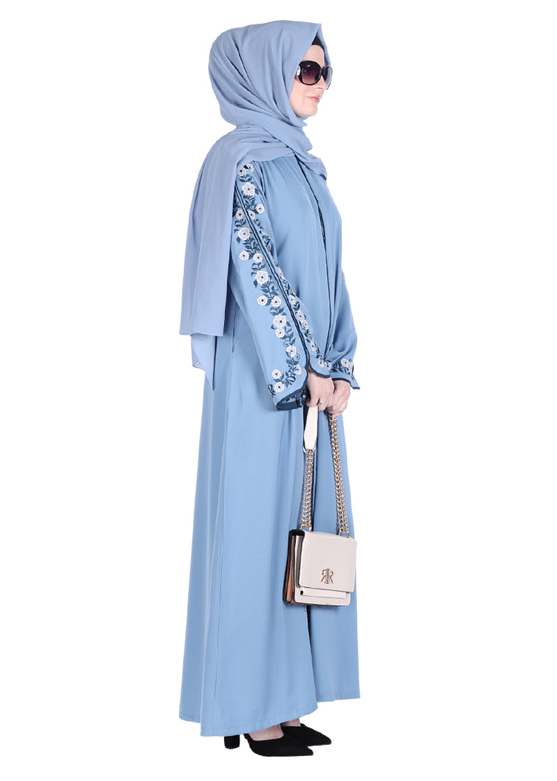 Being Muslims Contrast Sleeve Embroidery Qatari Nida Abaya Sky Blue