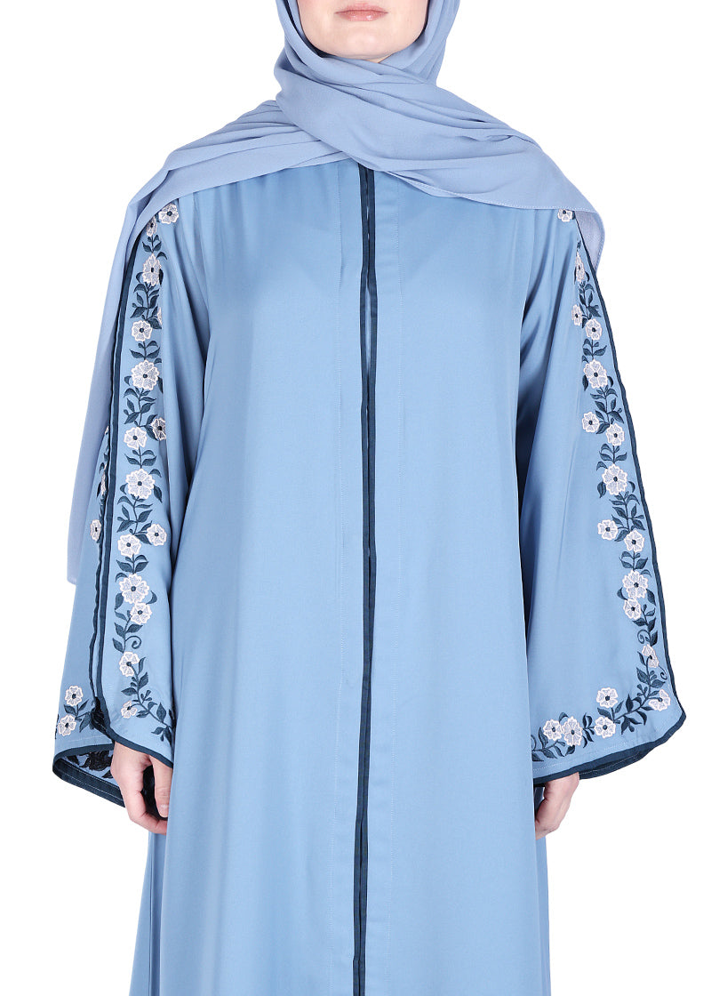 Being Muslims Contrast Sleeve Embroidery Qatari Nida Abaya Sky Blue
