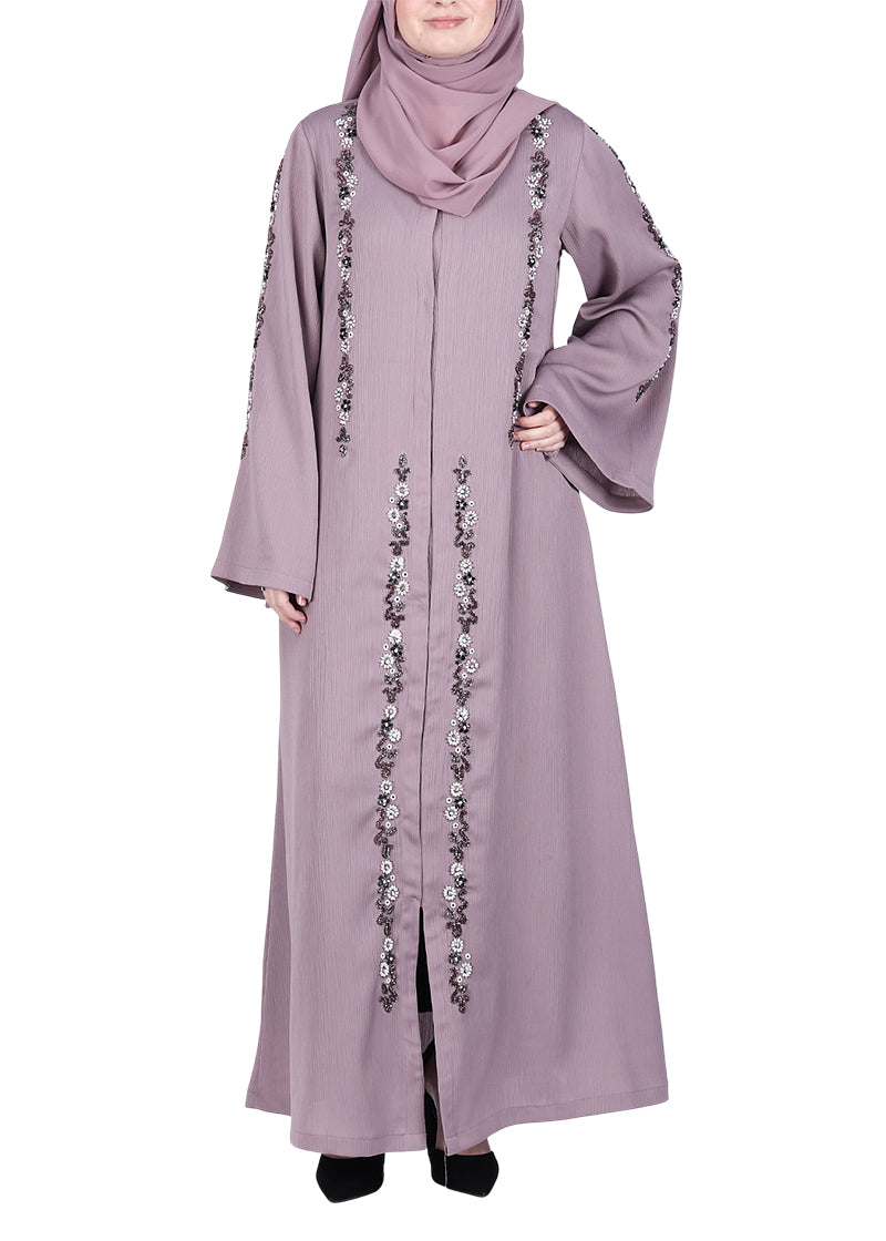 BeingMuslims Abaya with Designer Intricate Hand Embroidery Purple