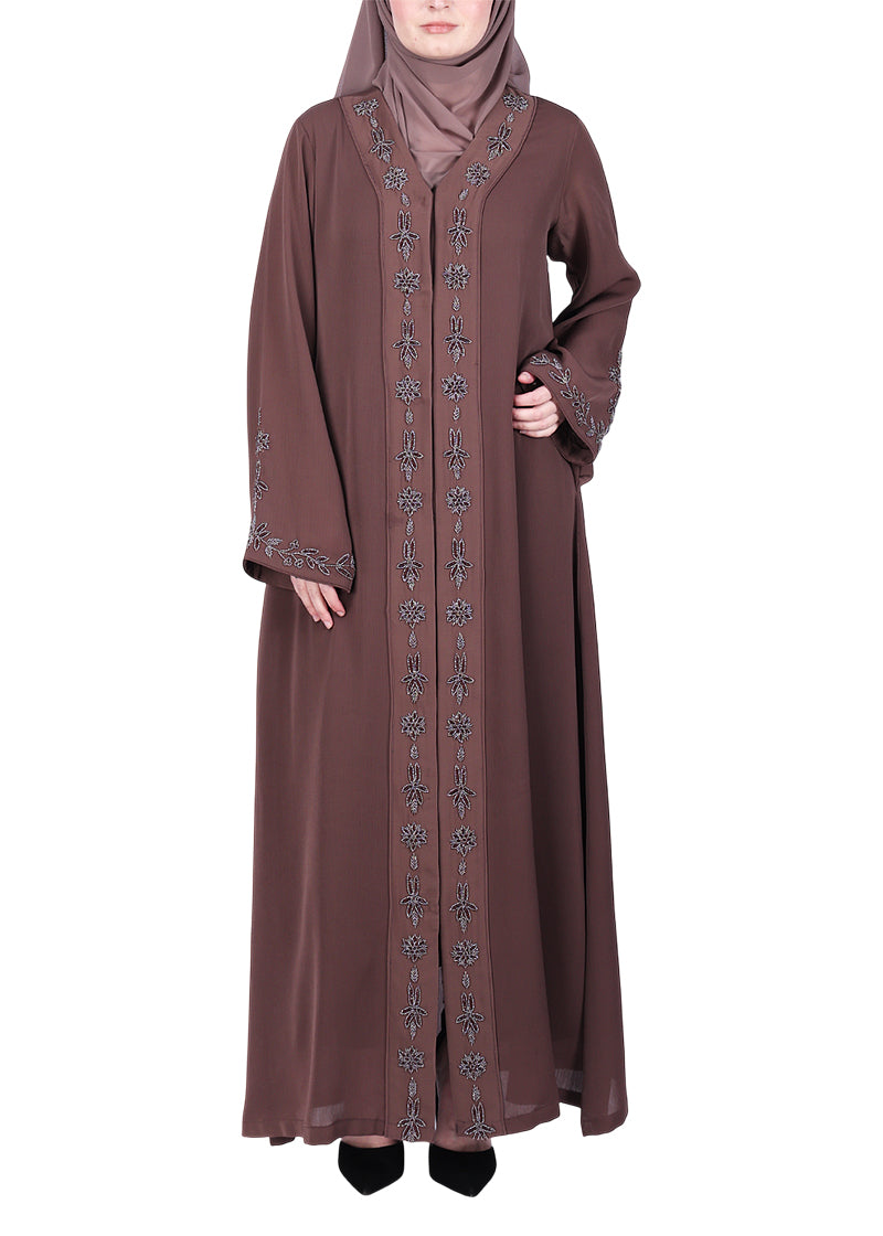 BeingMuslims Abaya with Rich Intricate Hand Embroidery Brown