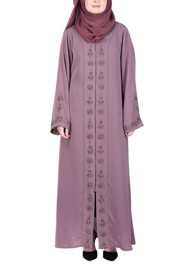 BeingMuslims Abaya with Rich Intricate Hand Embroidery Purple