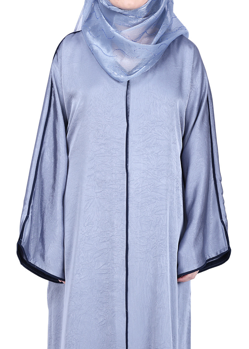 BeingMuslims Gleaming Elite Crush Abaya with Piping Silver