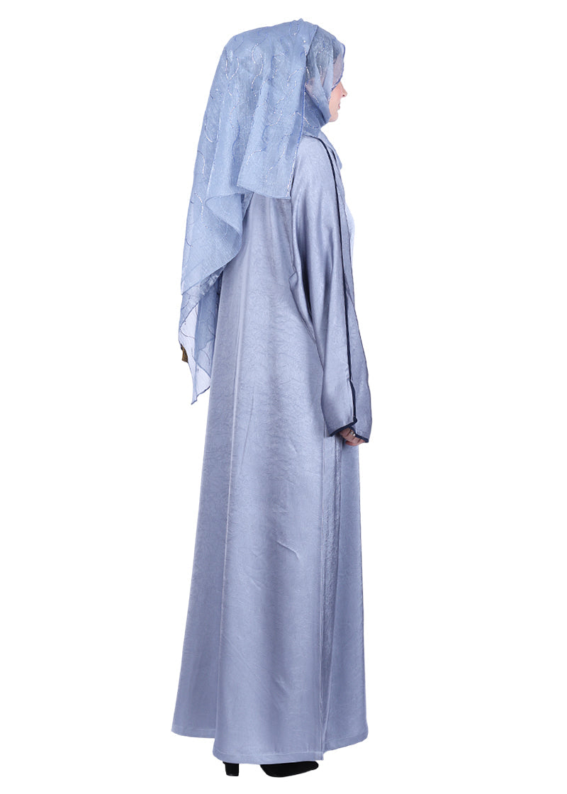 BeingMuslims Gleaming Elite Crush Abaya with Piping Silver