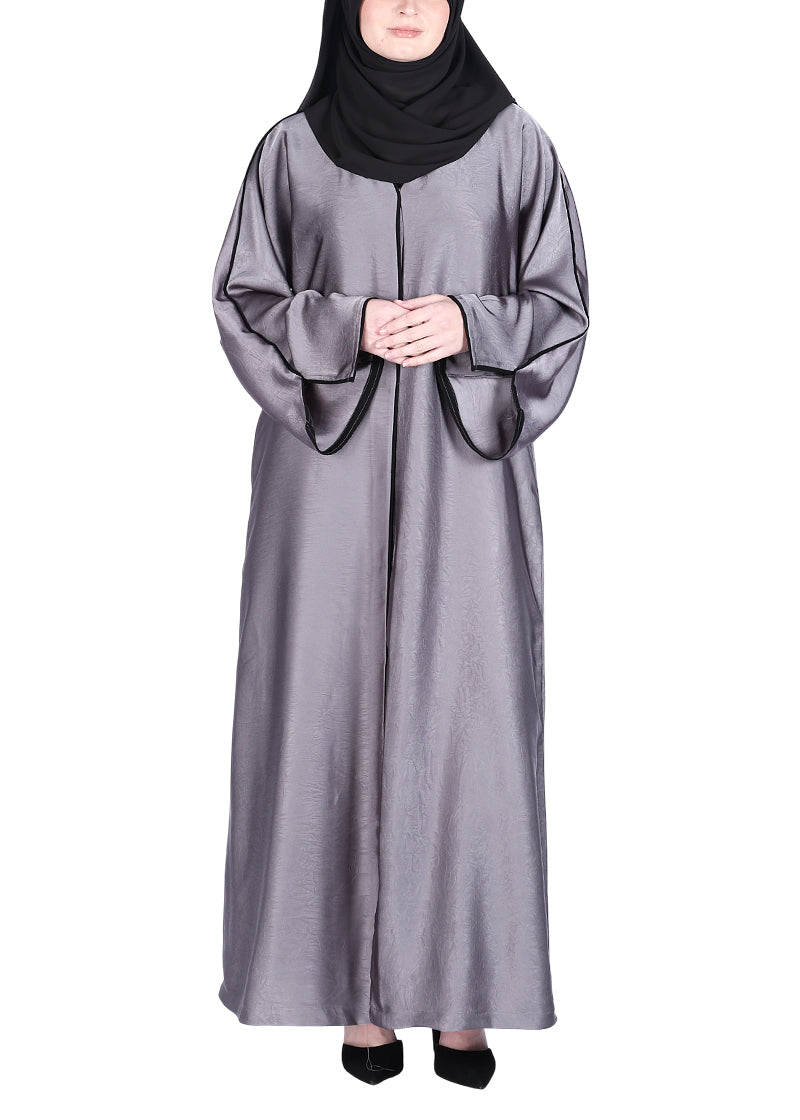 BeingMuslims Gleaming Elite Crush Abaya with Piping Dark Grey