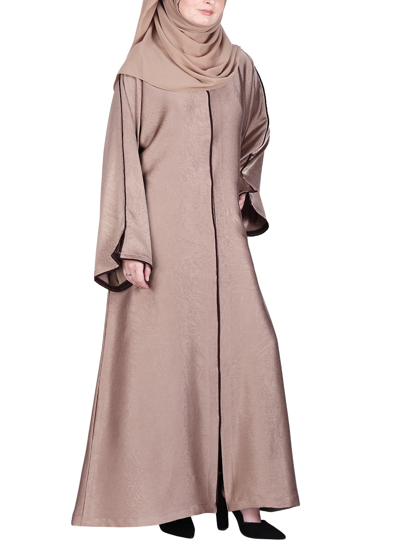 BeingMuslims Gleaming Elite Crush Abaya with Piping Oak Brown