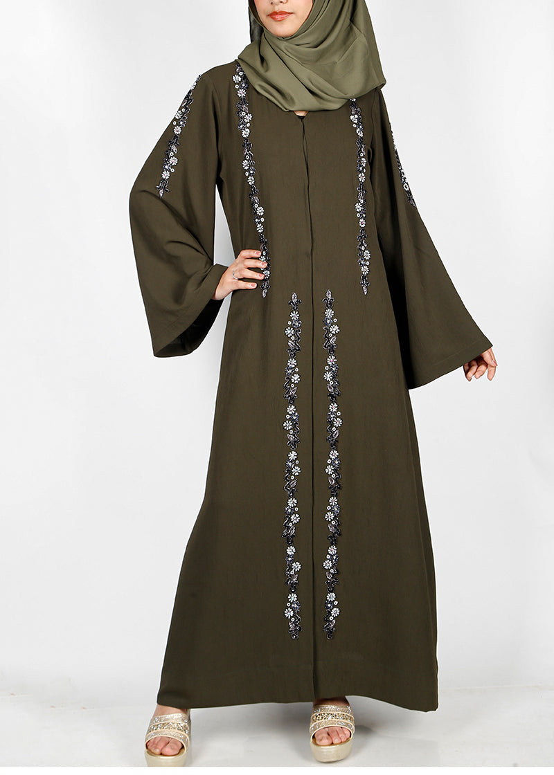 BeingMuslims Abaya with Magnificent Floral Bead Work Dark Olive