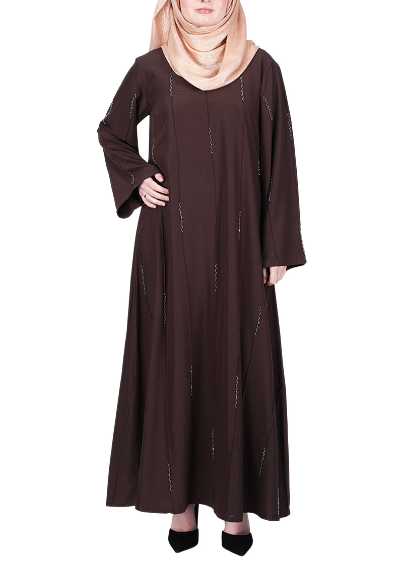BeingMuslims Abaya with Vertical Piping with Hand Embroidery Dark Brown