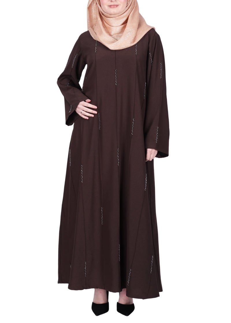 BeingMuslims Abaya with Vertical Piping with Hand Embroidery Dark Brown