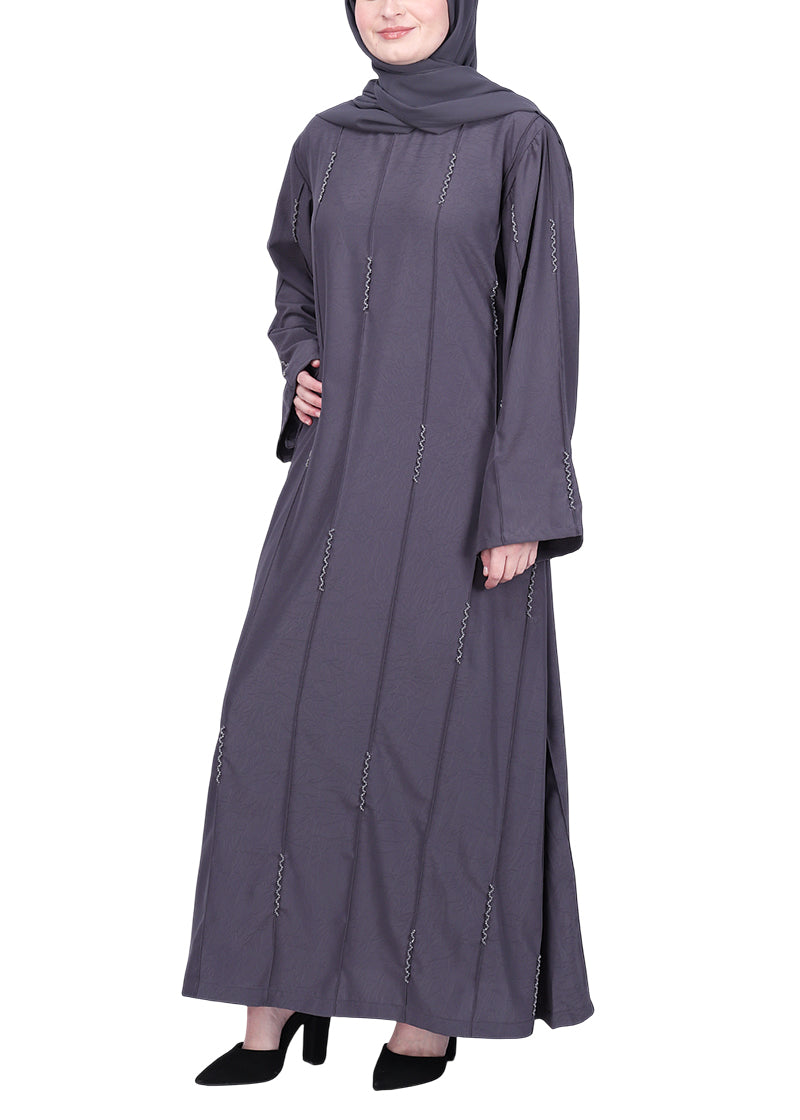 BeingMuslims Abaya with Vertical Piping with Hand Embroidery Dark Grey