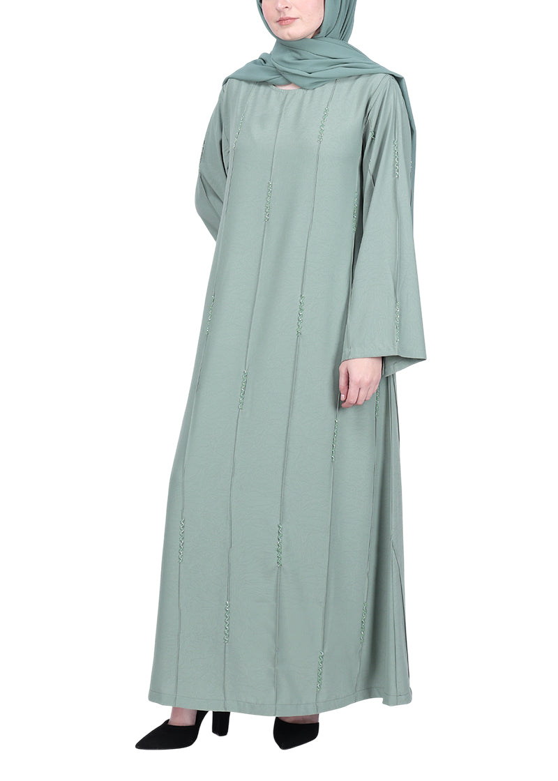 BeingMuslims Abaya with Vertical Piping with Hand Embroidery Mint