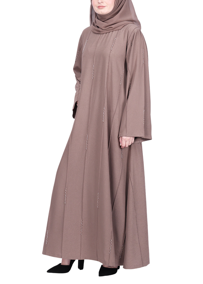 BeingMuslims Abaya with Vertical Piping with Hand Embroidery Oak Brown