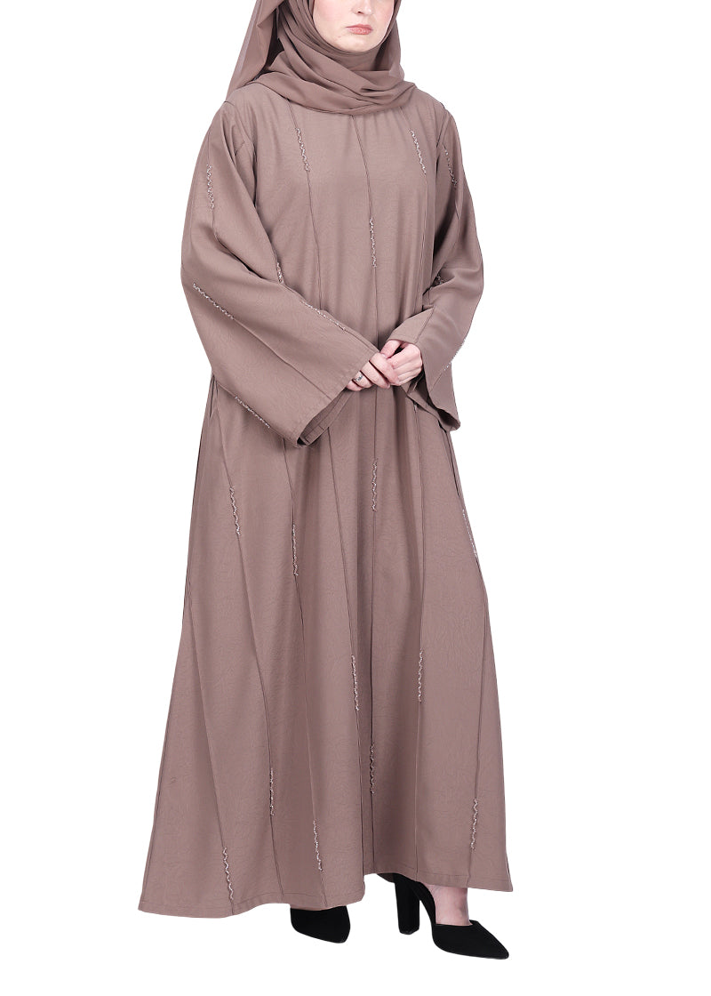 BeingMuslims Abaya with Vertical Piping with Hand Embroidery Oak Brown