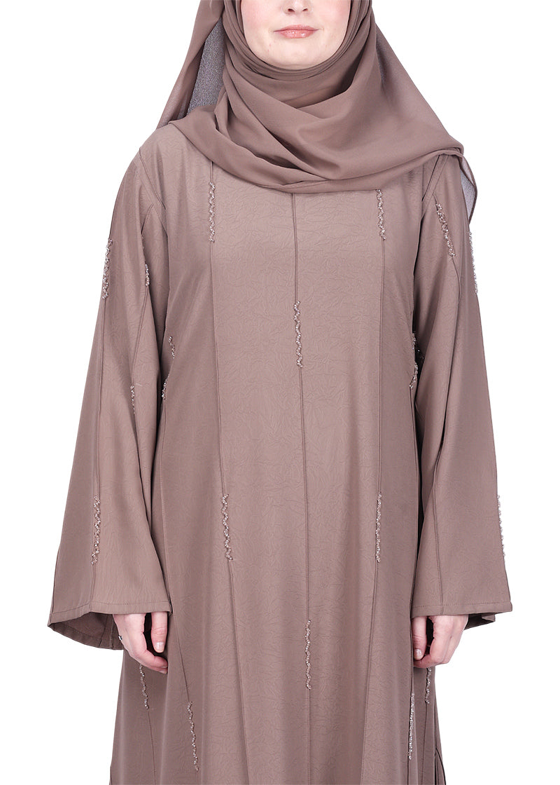 BeingMuslims Abaya with Vertical Piping with Hand Embroidery Oak Brown