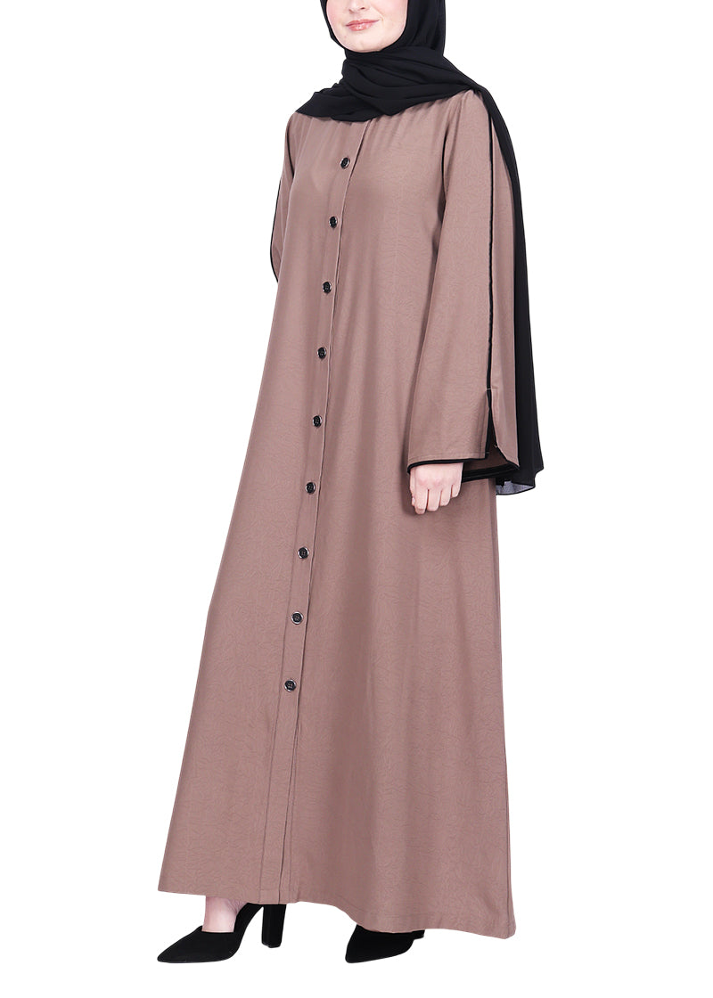 BeingMuslims Sophisticated Abaya with Back Piping. Oak Brown