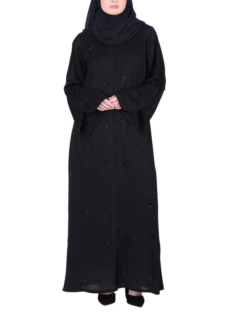 BeingMuslims Abaya with Starburst Crystal Embroidery Motifs Black