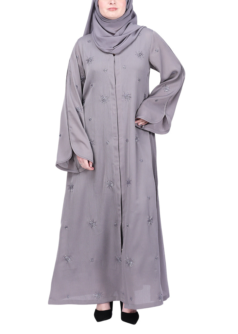 BeingMuslims Abaya with Starburst Crystal Embroidery Motifs Grey