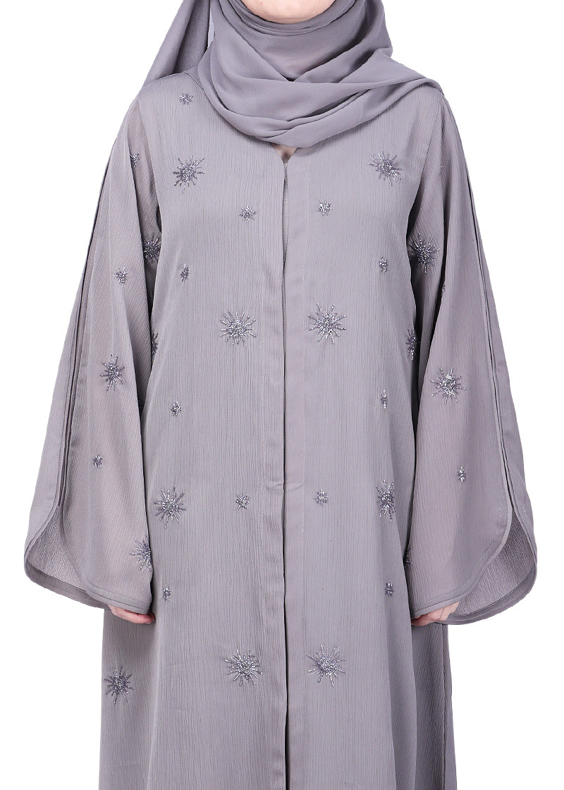 BeingMuslims Abaya with Starburst Crystal Embroidery Motifs Grey