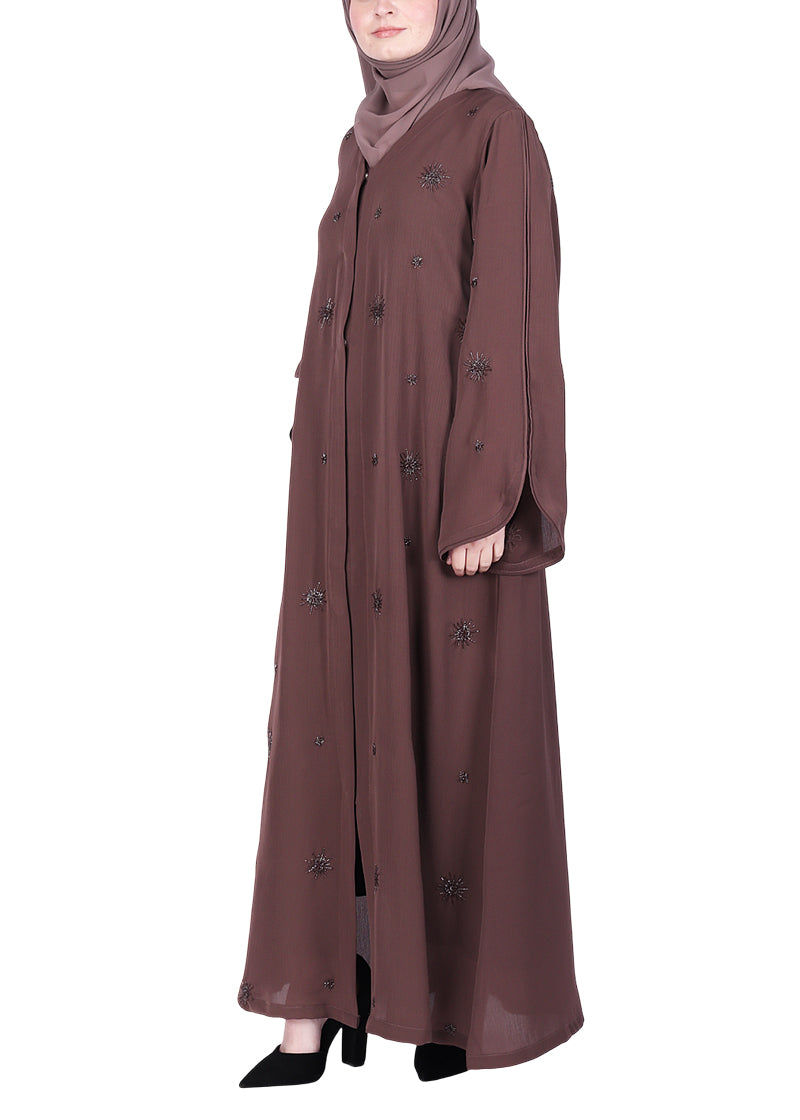 BeingMuslims Abaya with Starburst Crystal Embroidery Motifs Brown