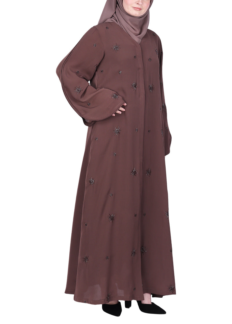 BeingMuslims Abaya with Starburst Crystal Embroidery Motifs Brown