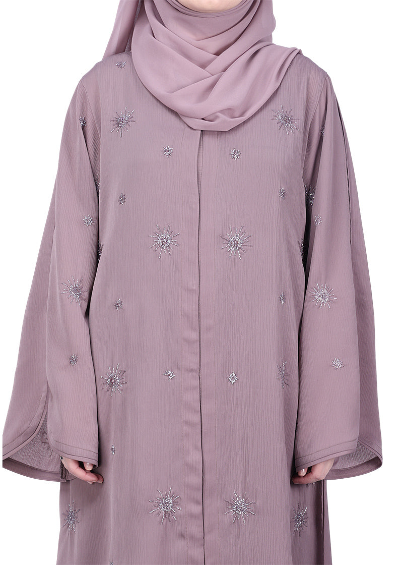 BeingMuslims Abaya with Starburst Crystal Embroidery Motifs Light Purple