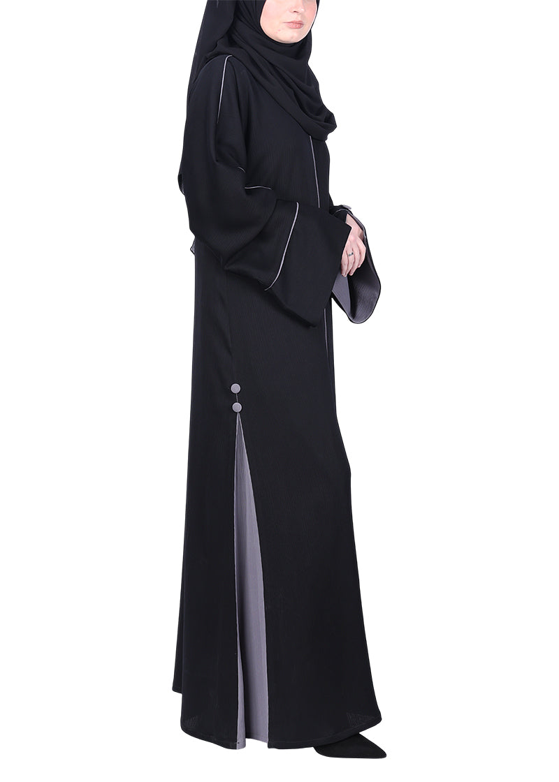 BeingMuslims Flowy Abaya with Sleek contrast Piping Black